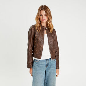 Veste simili cuir zippée marron foncé femme