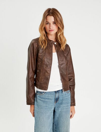 Veste simili cuir zippée marron foncé femme