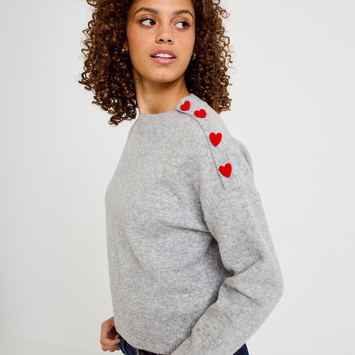 Pull ample col rond manches longues gris clair femme