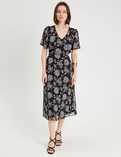 Robe midi évasée col en V noir femme