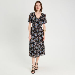 robe midi evasee col en v noir femme Robe midi évasée col en V noir femme