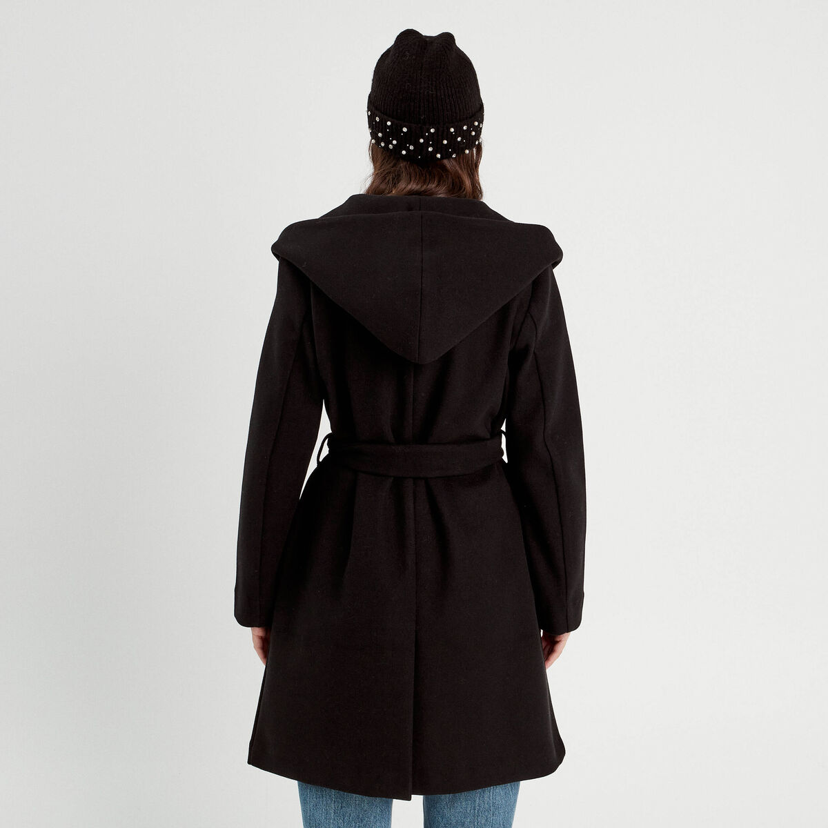 Manteau ceinturé à capuche noir femme