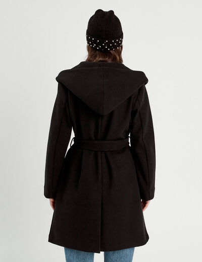 Manteau ceinturé à capuche noir femme