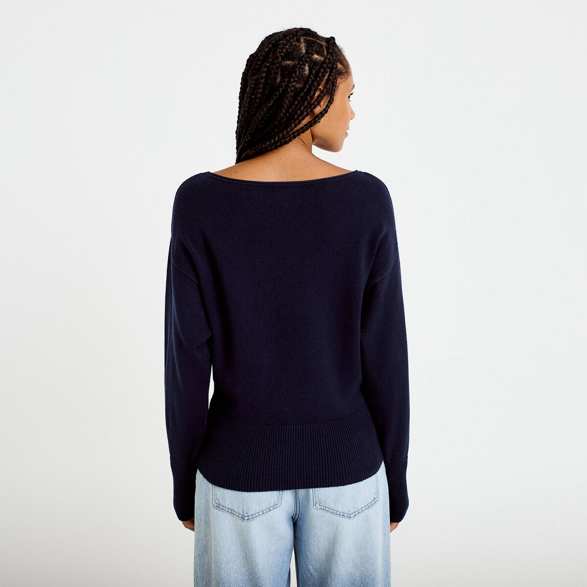 Pull oversize col bateau manches longues bleu marine femme