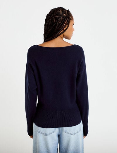 Pull oversize col bateau manches longues bleu marine femme
