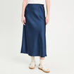 Jupe longue trapèze satin bleu marine femme