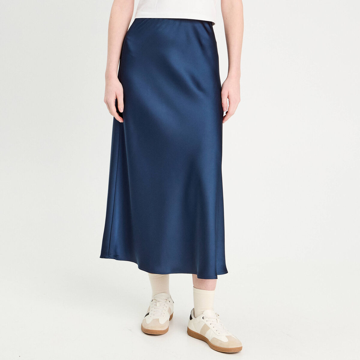 Jupe longue trapèze satin bleu marine femme