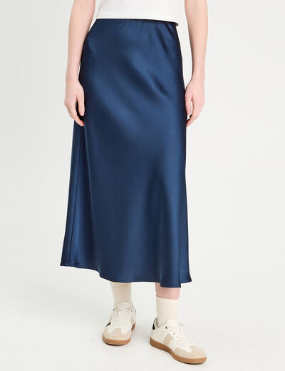 Jupe longue trapèze satin bleu marine femme
