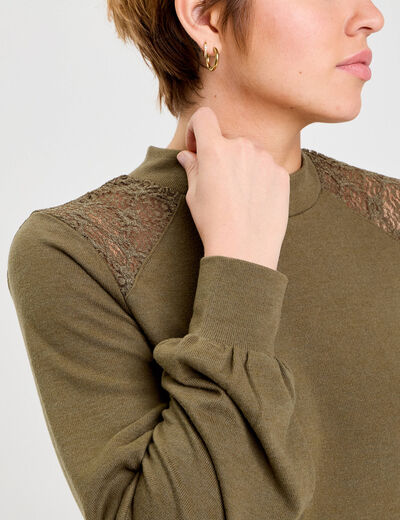 T-shirt manches longues d&eacute;tails ajour&eacute;s vert kaki femme
