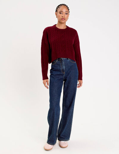 Pull avec torsades rouge foncé femme