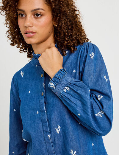 Chemise droite en jean col montant blanc femme