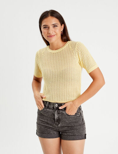 Pull manches courtes ajouré jaune moutarde femme