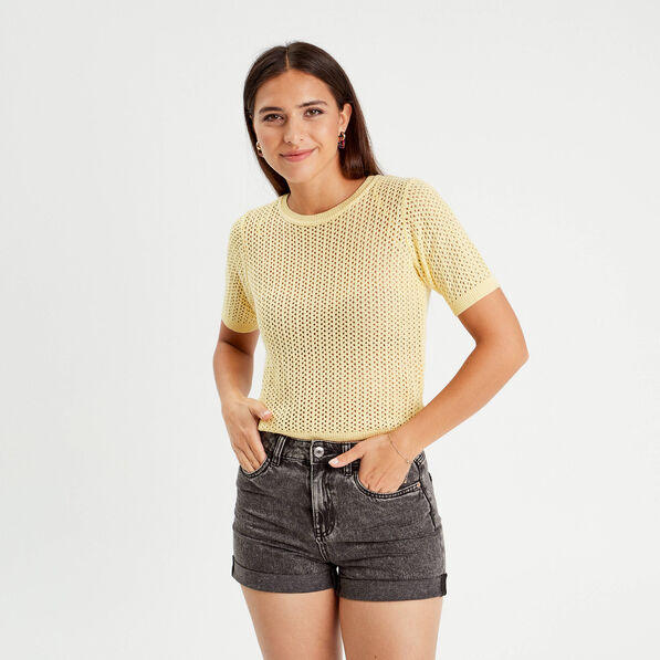 pull manches courtes ajoure jaune moutarde femme Pull manches courtes ajouré jaune moutarde femme