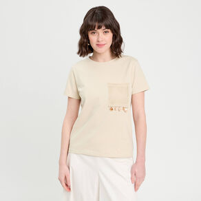 T-shirt poche détails bijoux beige femme