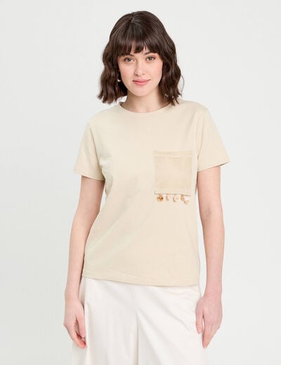 T-shirt poche détails bijoux beige femme