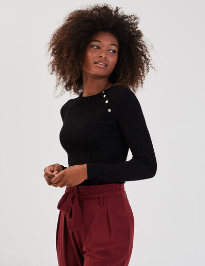 Pull côtelé avec boutons noir femme