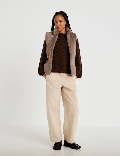 Pull ample col rond manches longues marron fonc&eacute; femme
