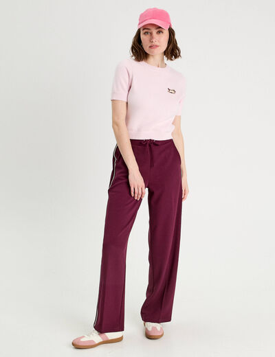 Pantalon large avec bandes prune femme