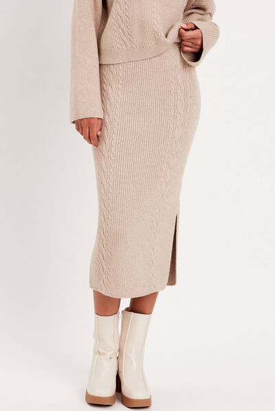 Jupe longue tricot moulante beige femme
