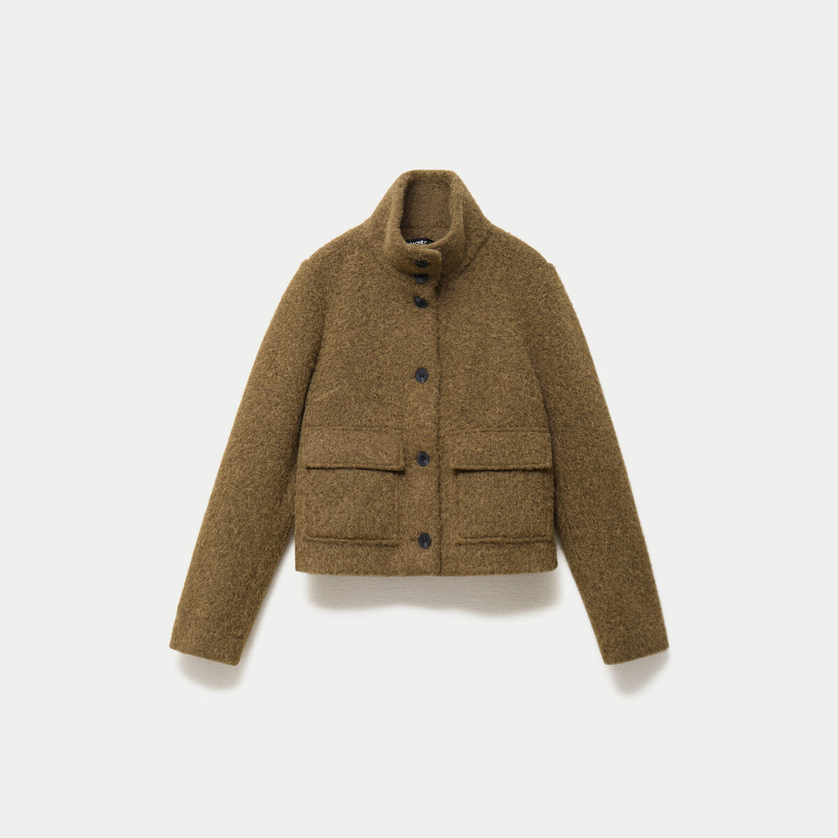 Veste droite bouclette col montant vert kaki femme