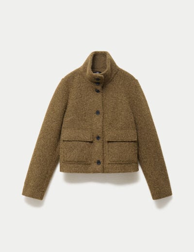 Veste droite bouclette col montant vert kaki femme