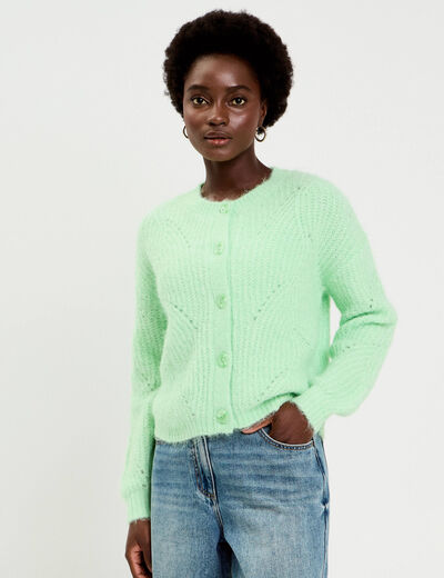 Gilet ajour&eacute; manches longues vert pastel femme