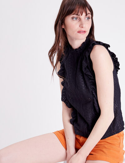 Blouse brodée avec volants noir femme