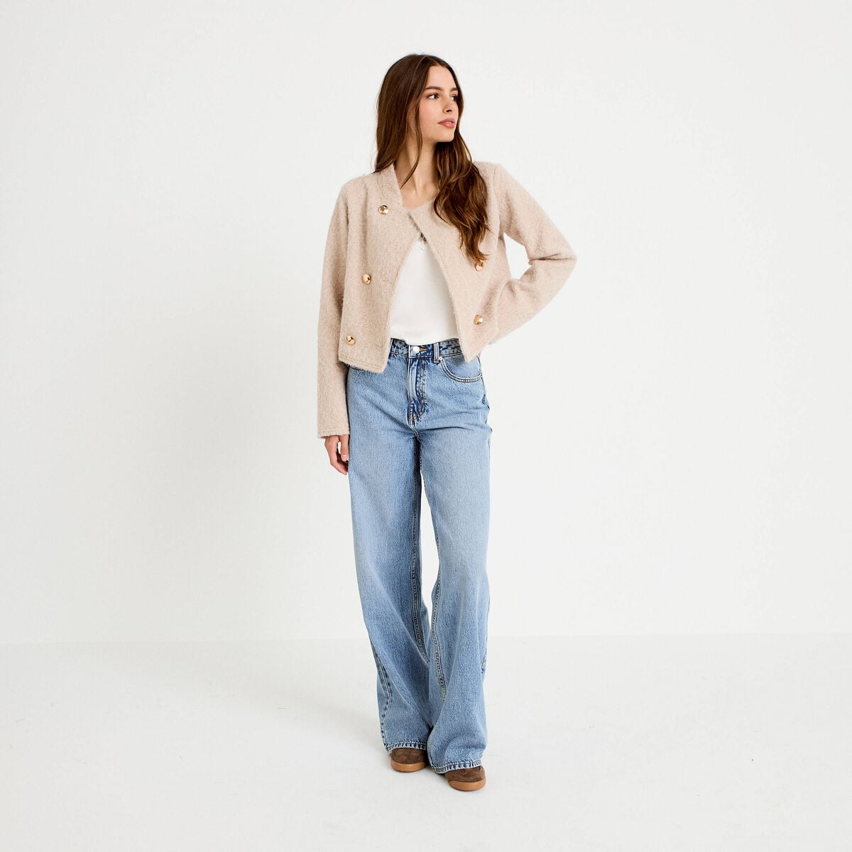 Veste droite cropped effet polaire ivoire femme