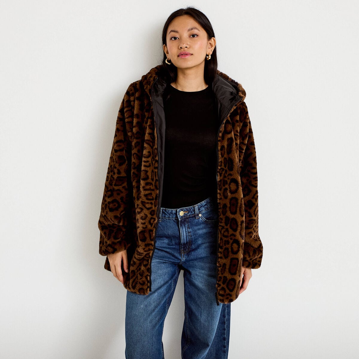 Parka r&eacute;versible 3/4 &agrave; capuche noir femme