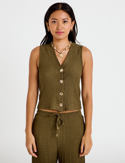 Gilet cintr&eacute; sans manches col v vert kaki femme