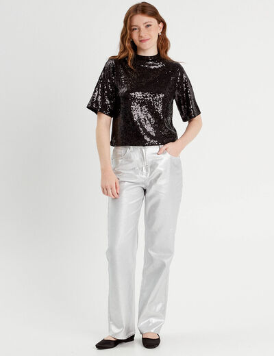 T-shirt sequins col montant noir femme