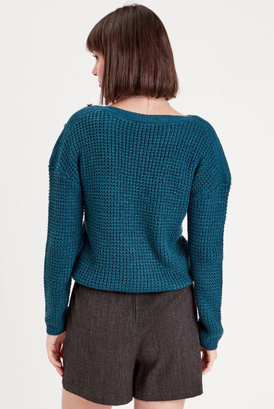 Pull manches longues bleu pétrole femme