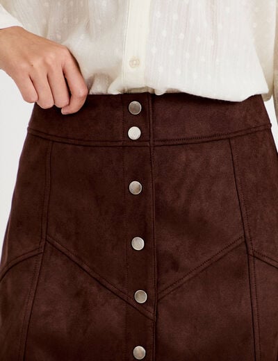 Jupe trap&egrave;ze courte aspect daim marron fonc&eacute; femme