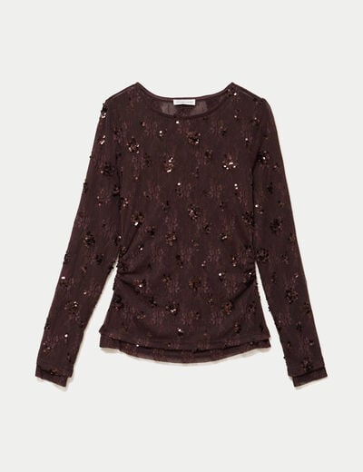 T-shirt ajust&eacute; col rond brod&eacute; perles marron fonc&eacute; femme