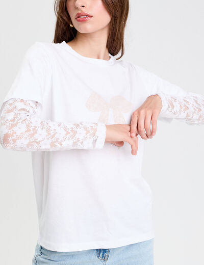 T-shirt droit court col rond dentelle blanc femme
