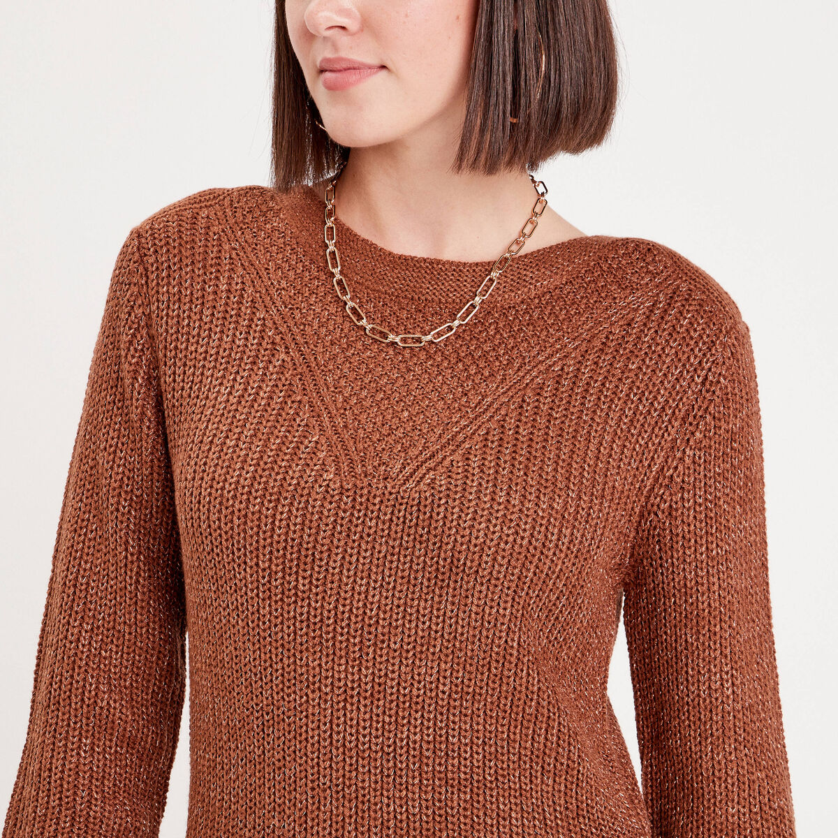Robe pull droite col rond marron femme