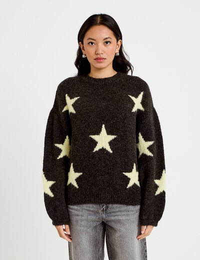 Pull oversize col rond manches longues gris fonc&eacute; femme