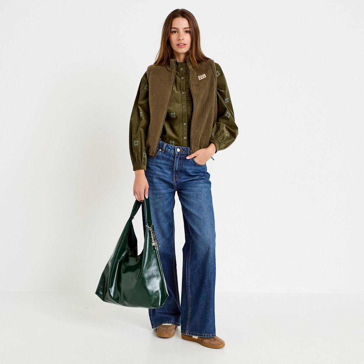 Chemise droite velours col montant vert kaki femme