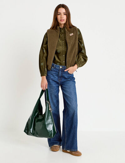 Chemise droite velours col montant vert kaki femme