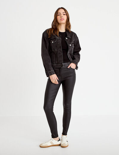 Pantalon skinny enduit denim noir enduit femme