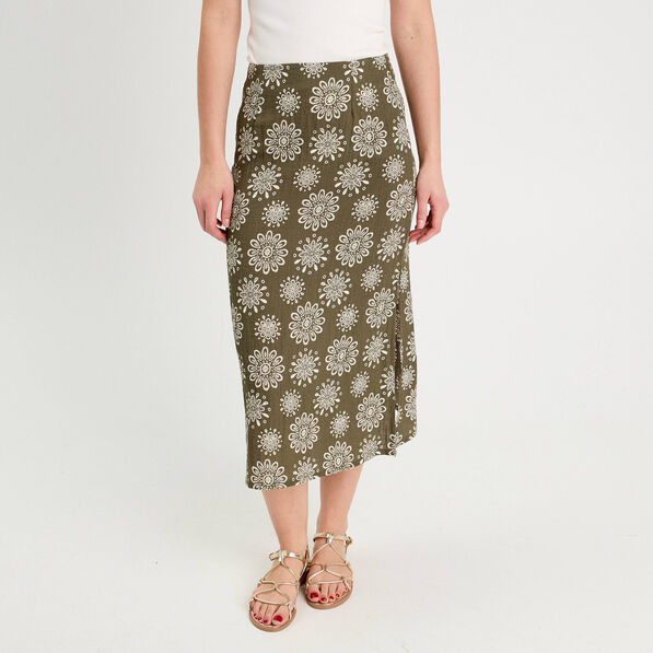 Jupe midi évasée vert kaki femme