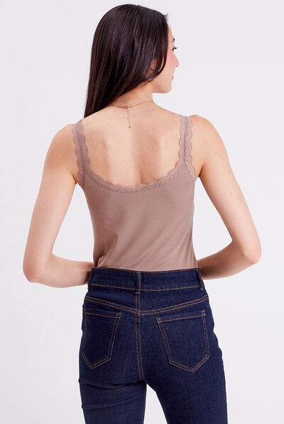 Débardeur liserés dentelle marron femme