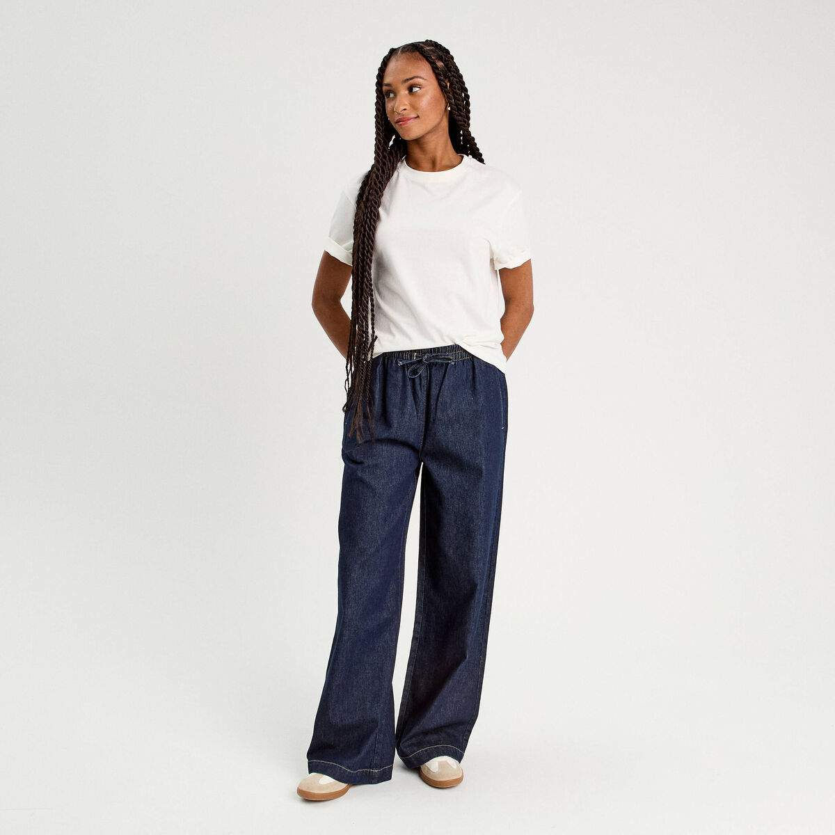 Jeans large taille élastiquée denim brut femme