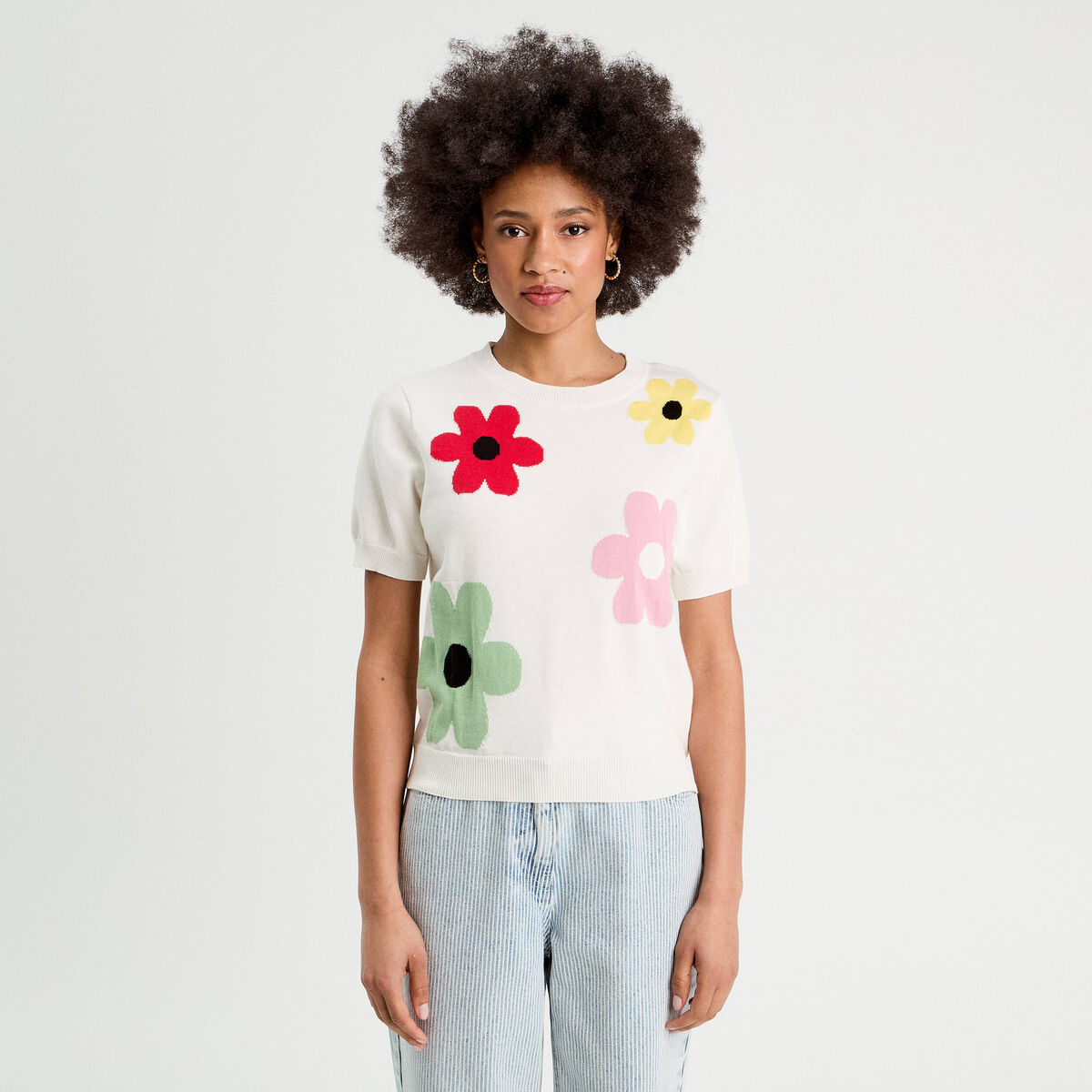Pull manches courtes ecru femme