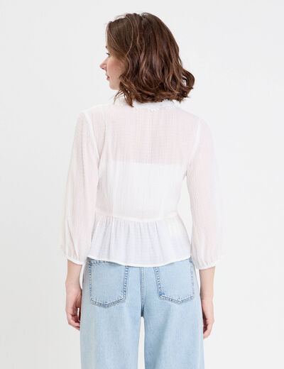 Blouse droite courte col v manches 3/4 blanc femme