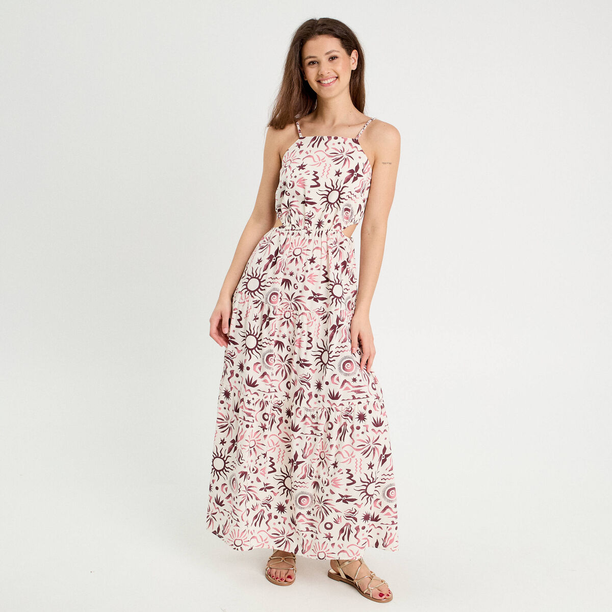 Robe longue évasée ouvertures rose femme
