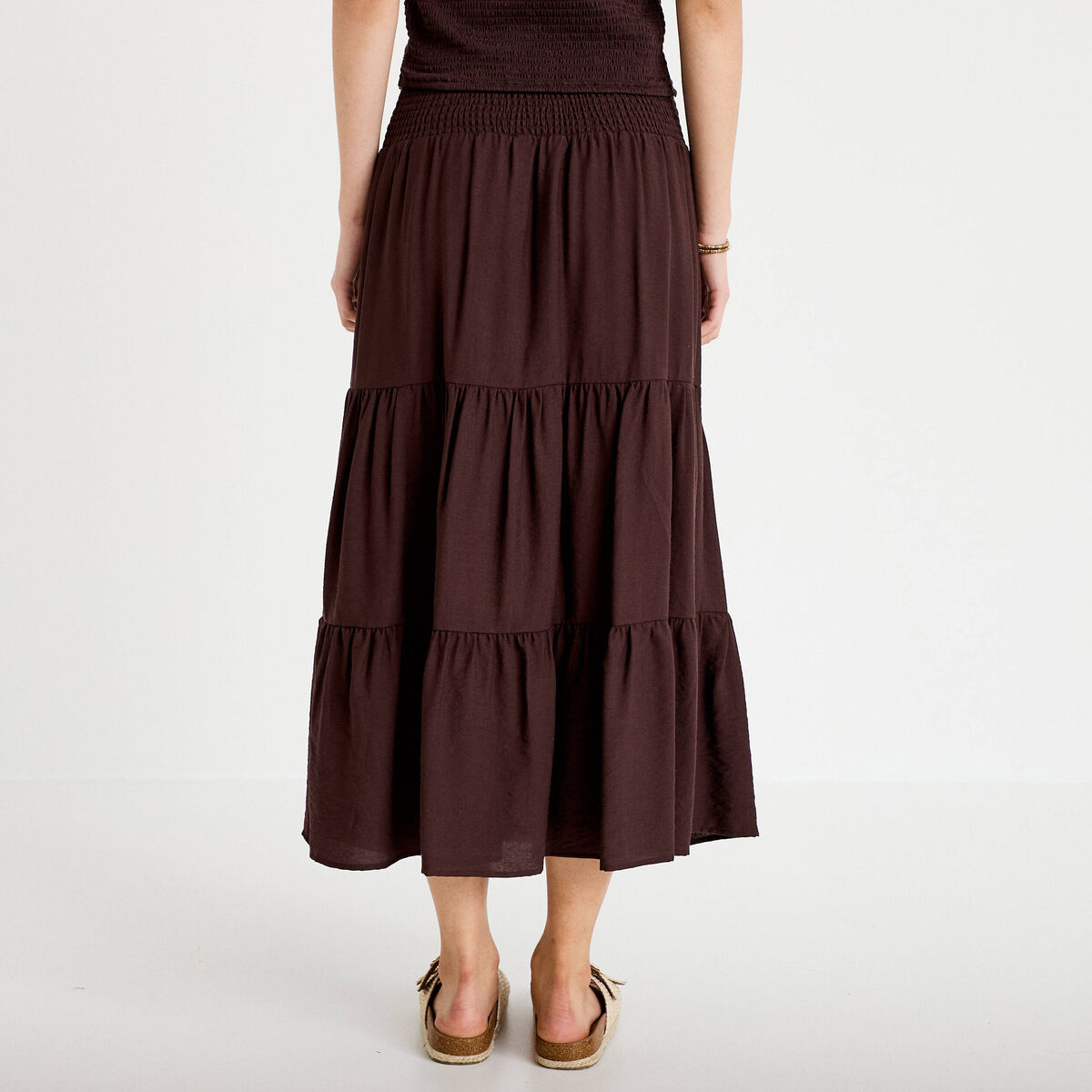 Jupon &eacute;vas&eacute; taille haute marron fonc&eacute; femme