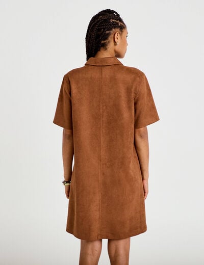 Robe droite 3/4 manches courtes daim marron femme