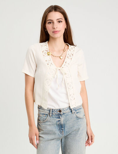 Blouse manches courtes nouée ecru femme