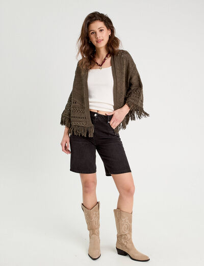 Gilet ajouré avec franges vert kaki femme